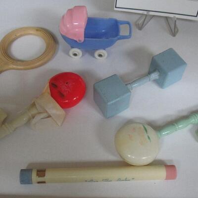 Lot of Vintage Baby Rattles, Teething Ring, Thermometer and Buggy Toy
