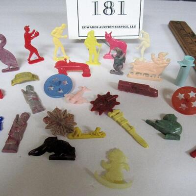 Lot of Vintage Cracker Jack Toys, Whistle, Santa, Tops, More