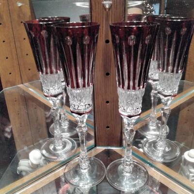 FABERGE Set of 2 XENIA Ruby Red Cut to Clear Crystal Champagne Flutes signed In presentation case