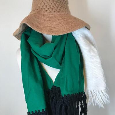 Lot of 10 vintage knit scarves, hats and blanket