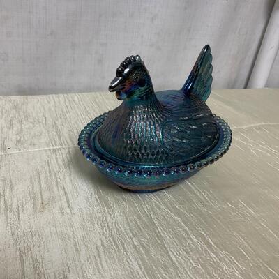 Hen on a nest carnival glass