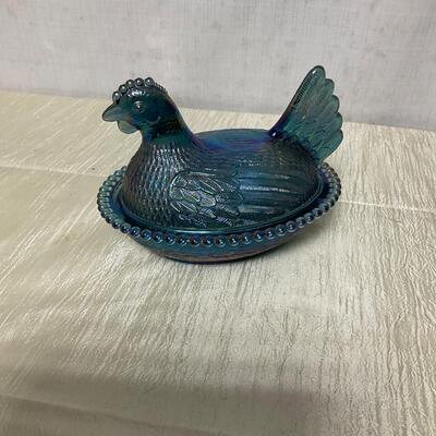 Hen on a nest carnival glass