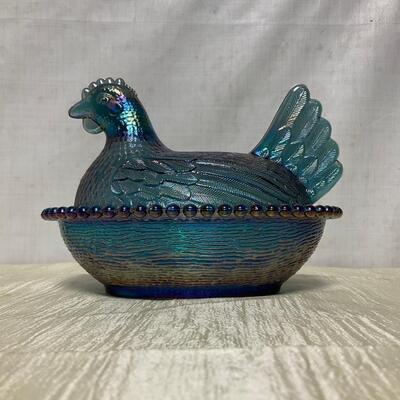 Hen on a nest carnival glass