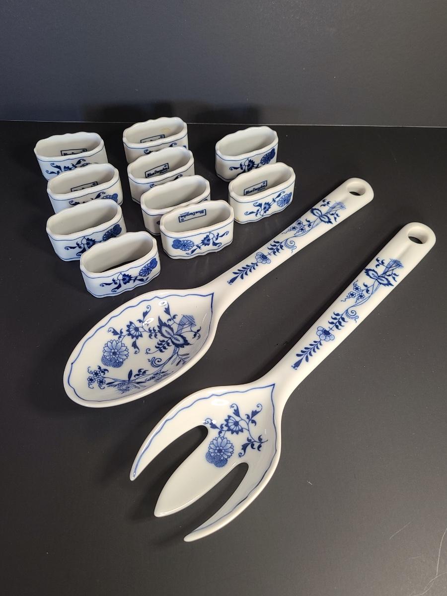 LOT 16S Blue Danube Napkin Rings and Serving Fork/Spoon