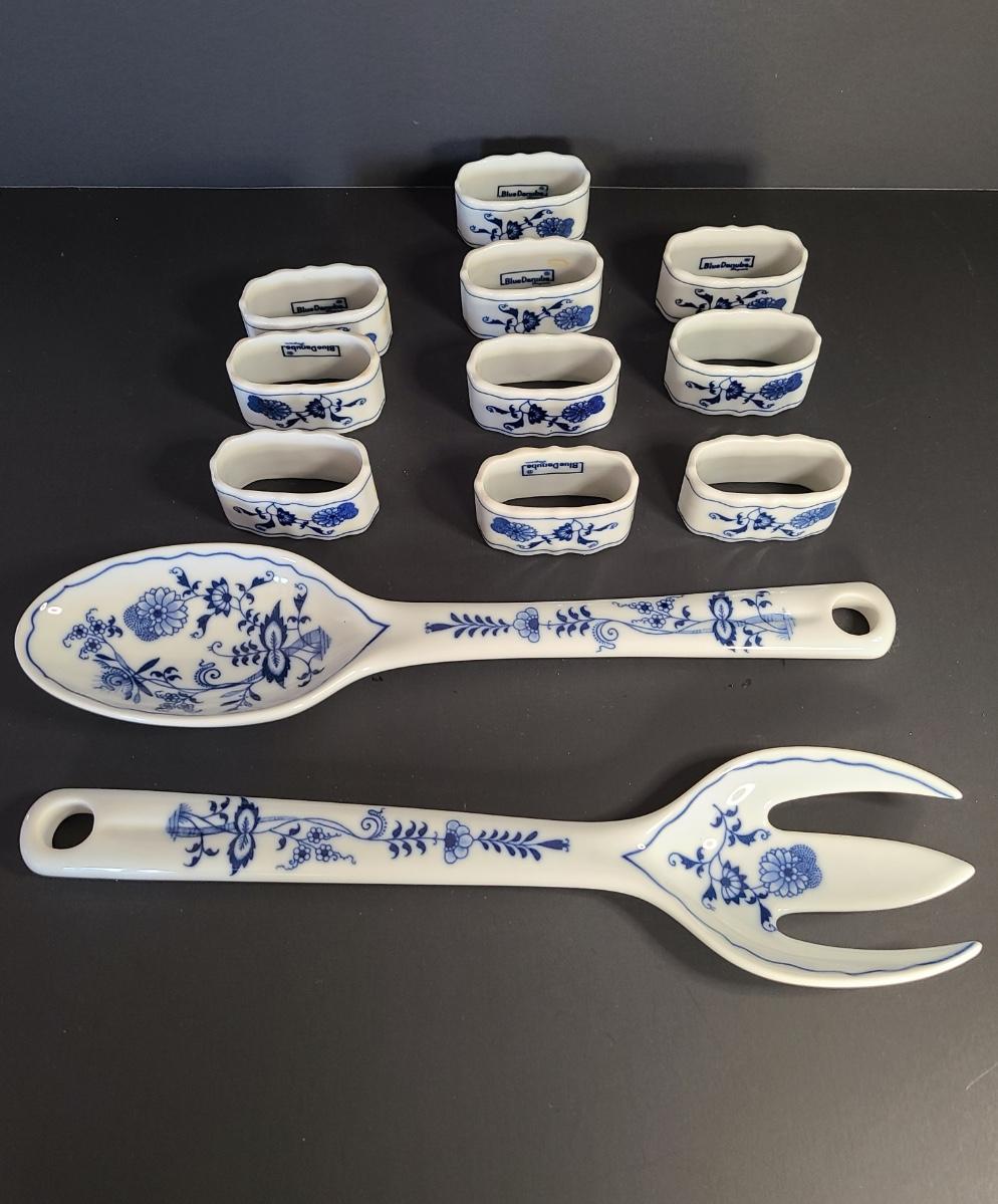 LOT 16S Blue Danube Napkin Rings and Serving Fork/Spoon