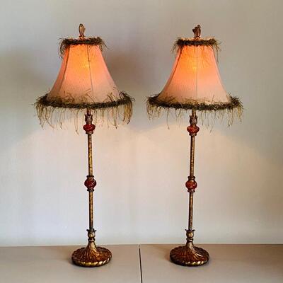 Pair Of Two Way Brushed Gold Lamps With Blush Fringed Shades