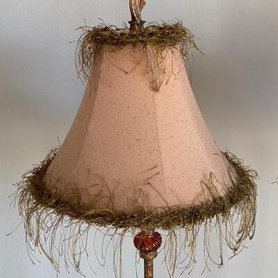 Pair Of Two Way Brushed Gold Lamps With Blush Fringed Shades