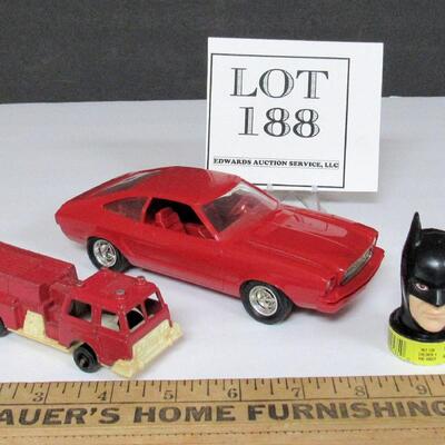 Tootsietoy USA Firetruck and Plastic Mustang, and Batman Tiny Candy Container