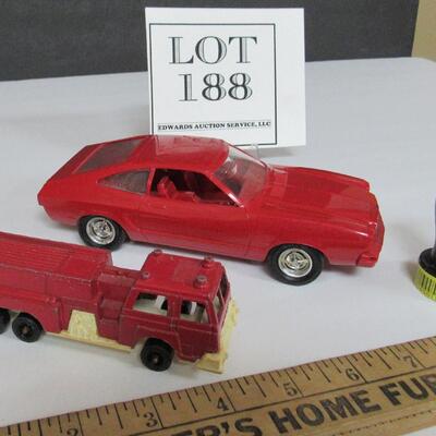 Tootsietoy USA Firetruck and Plastic Mustang, and Batman Tiny Candy Container