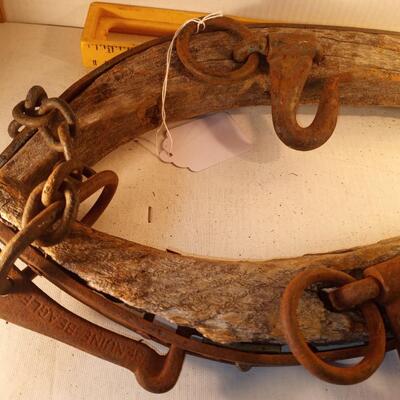 ts2879 - Vntg Pair 24â€ Primitive Horse Hamess Collar Harness Cast Iron Wood Western thick tough and very good condition