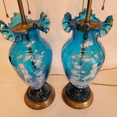 Pair of Vintage Fenton Mary Gregory Lamps