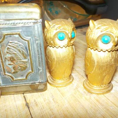 Vintage 1940's Match Holder & 2 Owl Lighters.