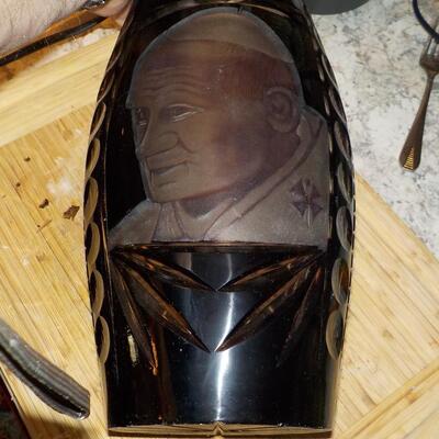 14 inch Cut Glass Vase with etch art of Pope Paul.