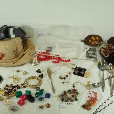 Lot 177- Costume jewelry vintage silverware, hats, pins