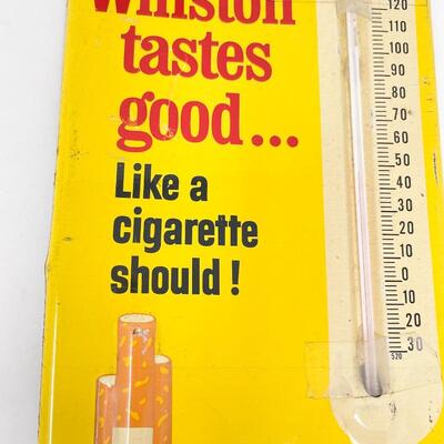 VINTAGE WINSTON CIGARETTES METAL SIGN W/ THERMOMETER - 6â€ x 13â€
