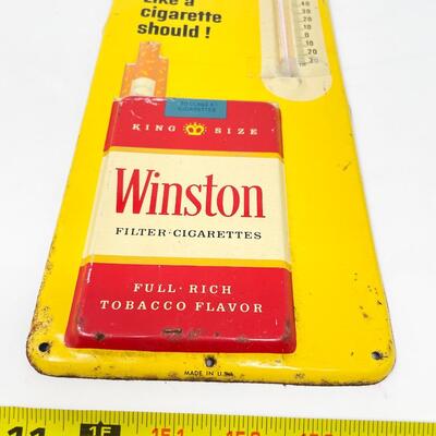 VINTAGE WINSTON CIGARETTES METAL SIGN W/ THERMOMETER - 6â€ x 13â€