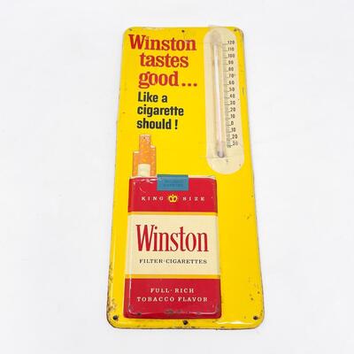 VINTAGE WINSTON CIGARETTES METAL SIGN W/ THERMOMETER - 6â€ x 13â€