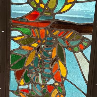 Large Stained Glass Window ~ Floral & Caterpillar ~ Excellent Condition ~ Vertical or Horizontal