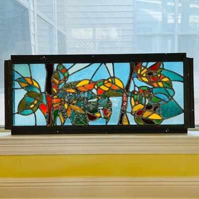Large Stained Glass Window ~ Floral & Caterpillar ~ Excellent Condition ~ Vertical or Horizontal