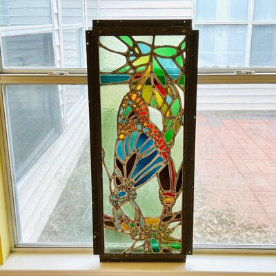 Large Stained Glass Window ~ Floral & Butterfly ~ Excellent Condition ~ Vertical or Horizontal