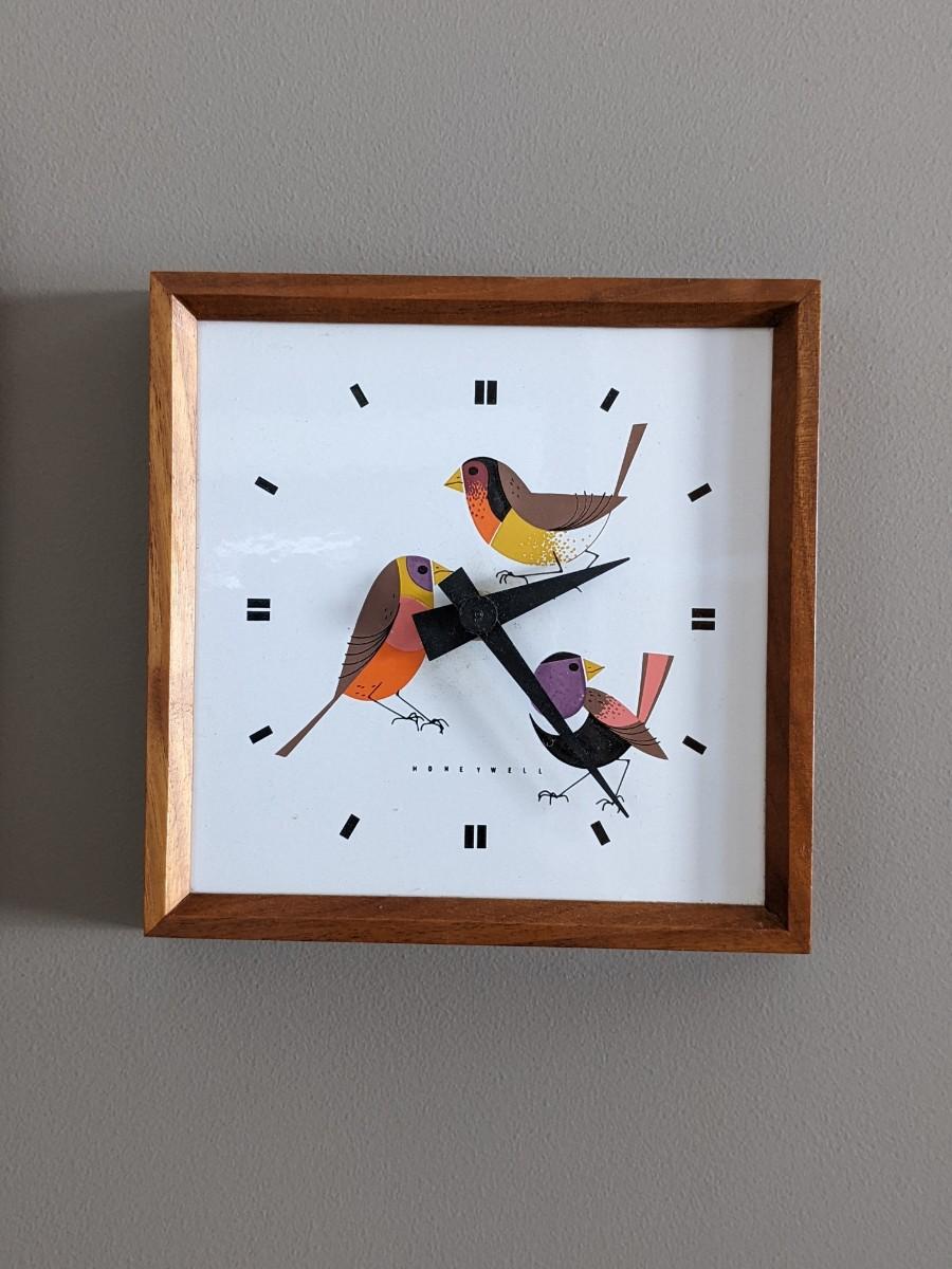Very Rare Charley Harper Honeywell Enameled Clock with Birds