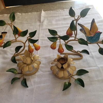 Candleholder birds metal hand painted large