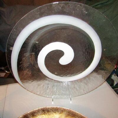 LOT 8  GLASS PLATTER WITH A SWIRL, DISPLAY BOWL WITH SPHERES AND A HURRICANE W/ CANDLE