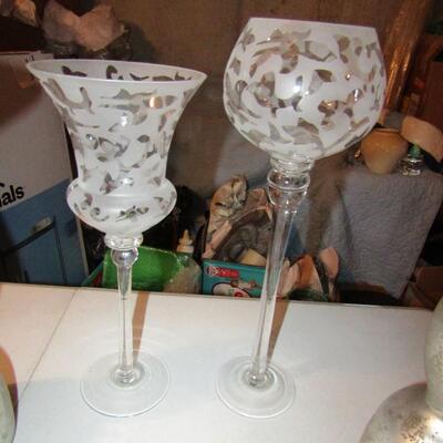 LOT 13  CANDLE HOLDERS, 3 TIER GLASS SERVER & 2 TALL STEMMED VOTIVE HOLDERS