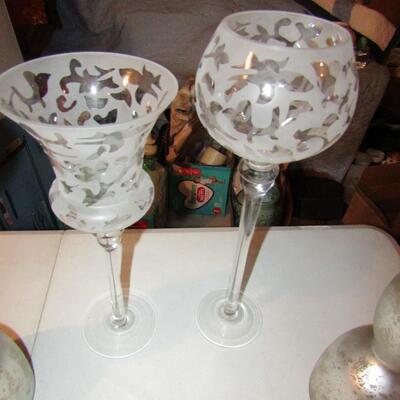 LOT 13  CANDLE HOLDERS, 3 TIER GLASS SERVER & 2 TALL STEMMED VOTIVE HOLDERS
