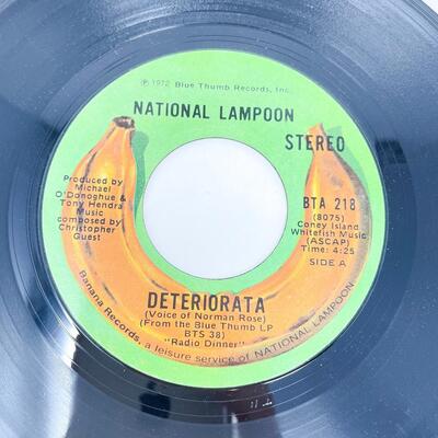 1972 45 RPM NATIONAL LAMPOON RADIO DINNER BTA218 "THOSE FABULOUS SIXTIES/DETERIORATA" VINYL RECORD SINGLE
