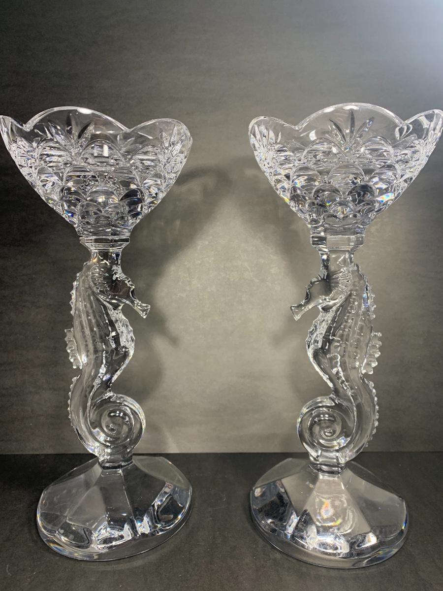 Pair of Waterford Crystal Seahorse Candlesticks artist signed