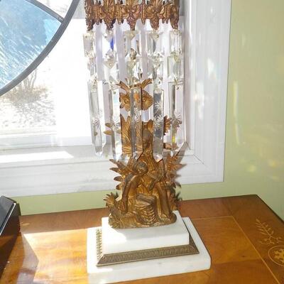 22 inch Victorian Era Crystal & Bronze Cherub candle holder.