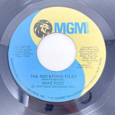 1974 45 RPM MIKE POST M14772 â€œTHE ROCKFORD FILES/DIXIE LULLABYEâ€ VINYL RECORD SINGLE