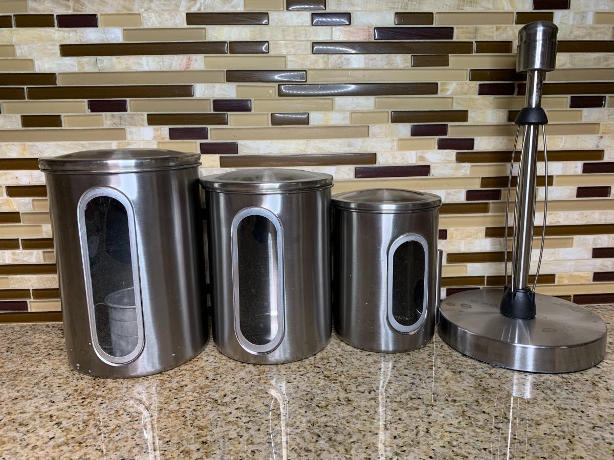 Set of 3 Stainless Canisters and Paper Towel Holder