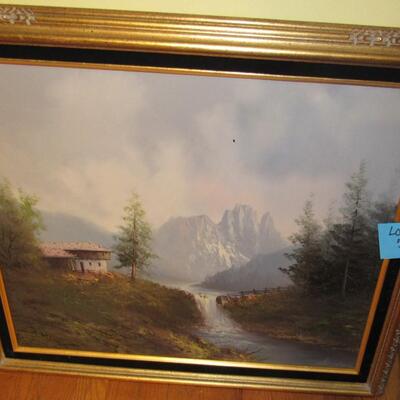 LOT 53 - SIGNED FRAMED ORIGINAL OIL PAINTING ON CANVAS MOUNTAIN VIEW SCENE