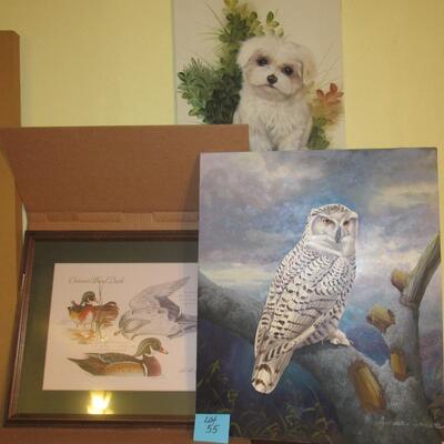 LOT 55 - TWO OIL PAINTINGS ON CANVAS OWL & PUPPY, PICURE OF DUCKS