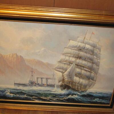 LOT 56 - LARGE FRAMED OIL PAINTING ON CANVAS DAVID FORBES SHIP