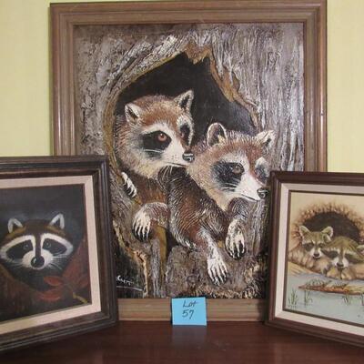 LOT 57 - SIGNED FRAMED ORIGINAL OIL PAINTINGS ON CANVAS RACCOON (3)
