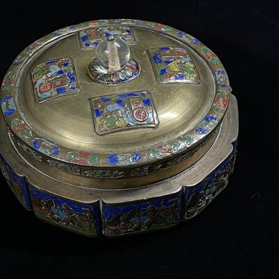 Vintage Chinese Enamel Cloisonne Box with Glass Finial