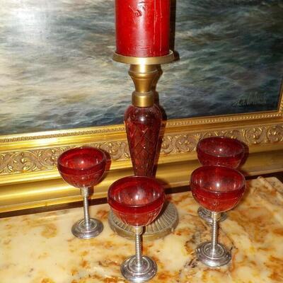 4 Vintage Cups and Candle Holder.