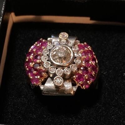 Designer 14k Gold Vintage Diamond and Ruby Ring 13g