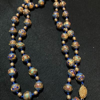 Enamel and Gold Painted Bead Necklace 32â€