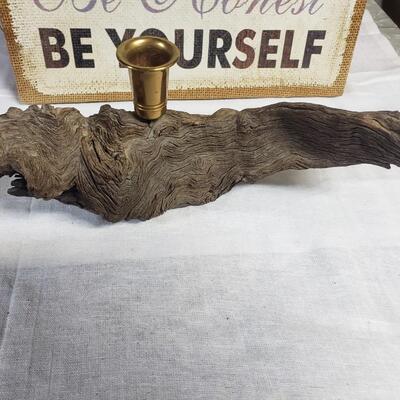 Brass candlestick petrified wood stand 10" long 5" high