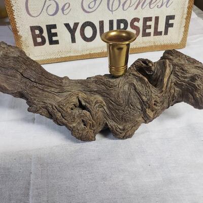 Brass candlestick petrified wood stand 10" long 5" high