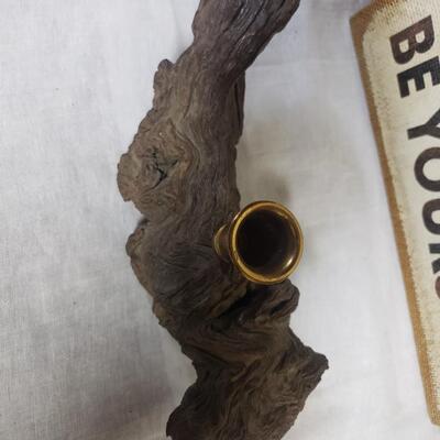 Brass candlestick petrified wood stand 10" long 5" high
