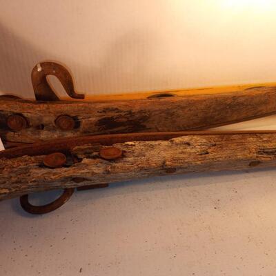 ts2879 - Vntg Pair 24â€ Primitive Horse Hamess Collar Harness Cast Iron Wood Western thick tough and very good condition