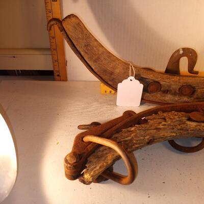 ts2879 - Vntg Pair 24â€ Primitive Horse Hamess Collar Harness Cast Iron Wood Western thick tough and very good condition
