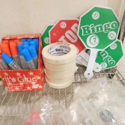 Collection of Bingo Related Tools and Novelty Items includes Dabbers, Key Chains, Tape, Glue Sticks, Etc