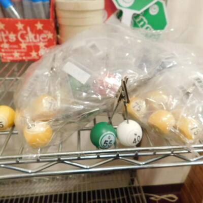 Collection of Bingo Related Tools and Novelty Items includes Dabbers, Key Chains, Tape, Glue Sticks, Etc
