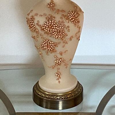 Pair Of Vintage Milk Glass Embellished Floral Lamps ~ See Close-Up Photos For Beautiful Detail